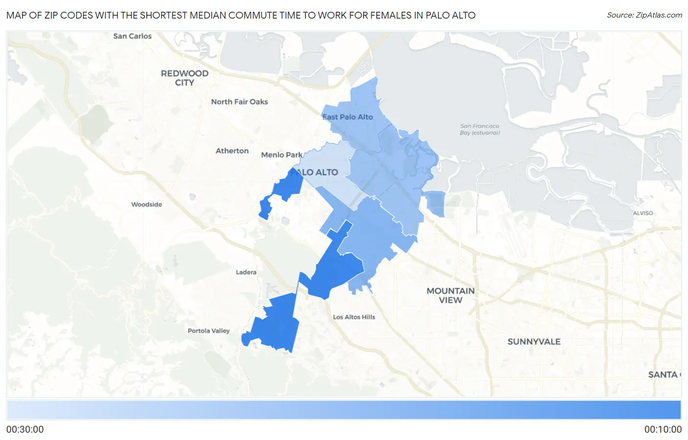 Zip Codes with the Shortest Median Commute Time to Work for Females in Palo Alto Map