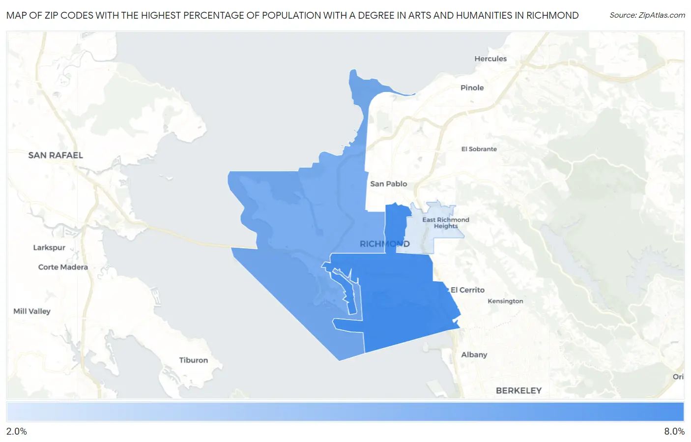 Zip Codes with the Highest Percentage of Population with a Degree in Arts and Humanities in Richmond Map