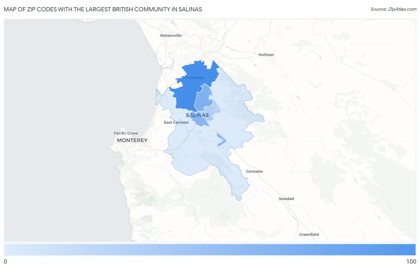 Zip Codes with the Largest British Community in Salinas Map