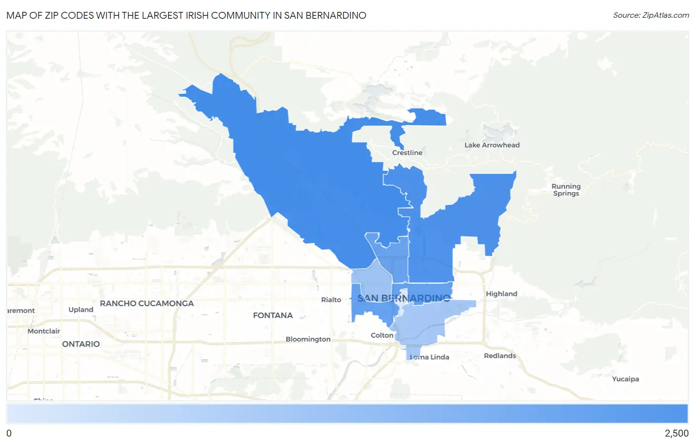 Zip Codes with the Largest Irish Community in San Bernardino Map