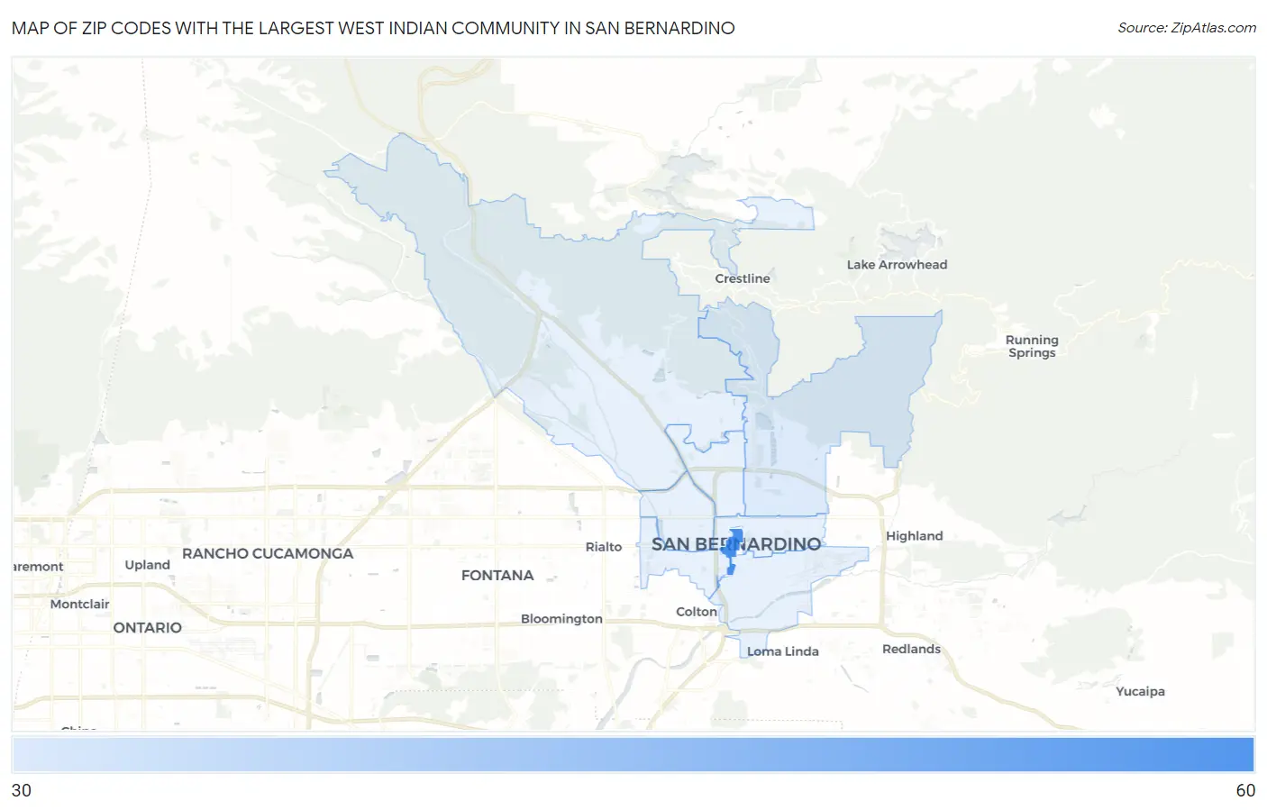 Zip Codes with the Largest West Indian Community in San Bernardino Map