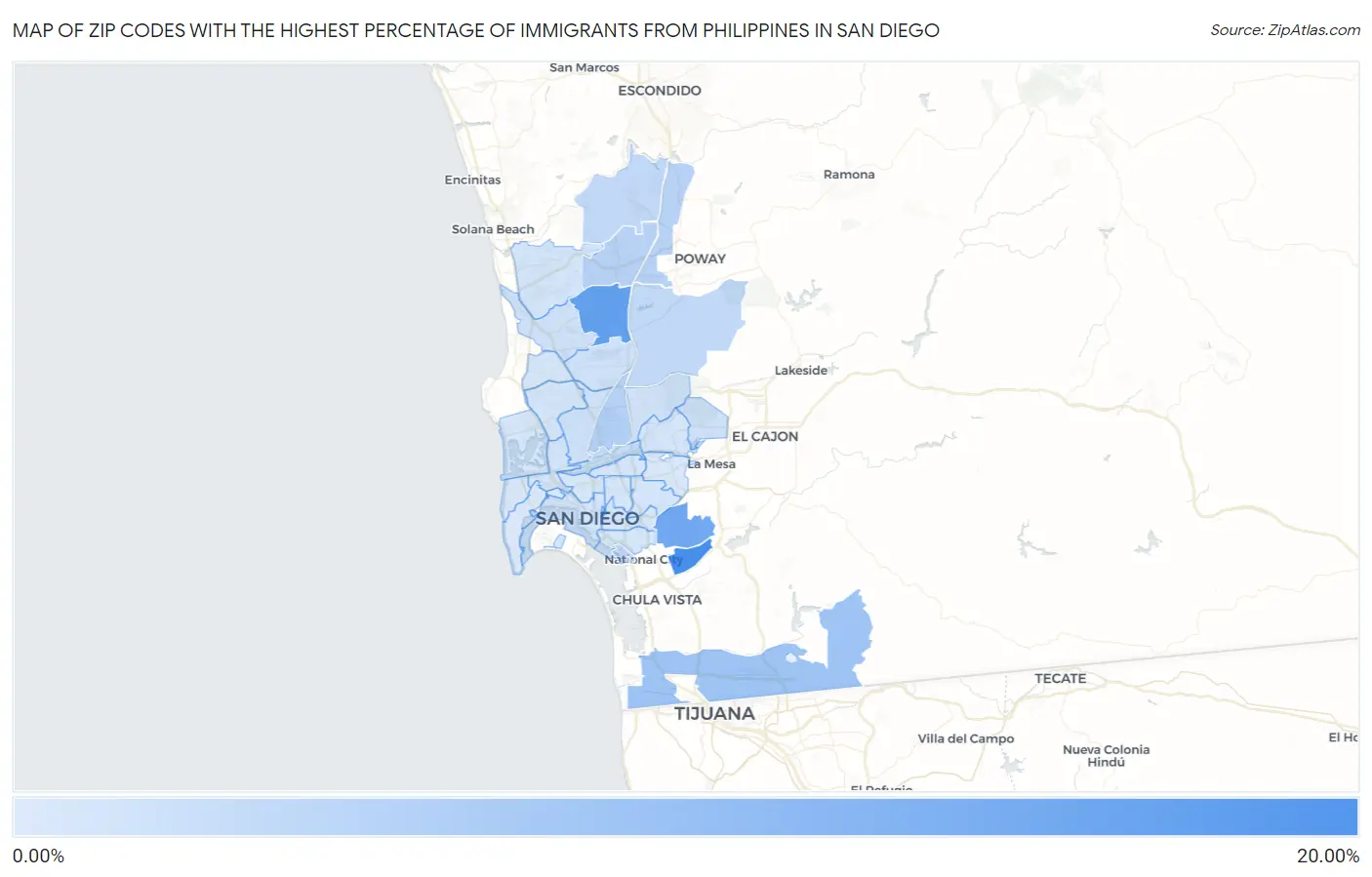 Zip Codes with the Highest Percentage of Immigrants from Philippines in San Diego Map