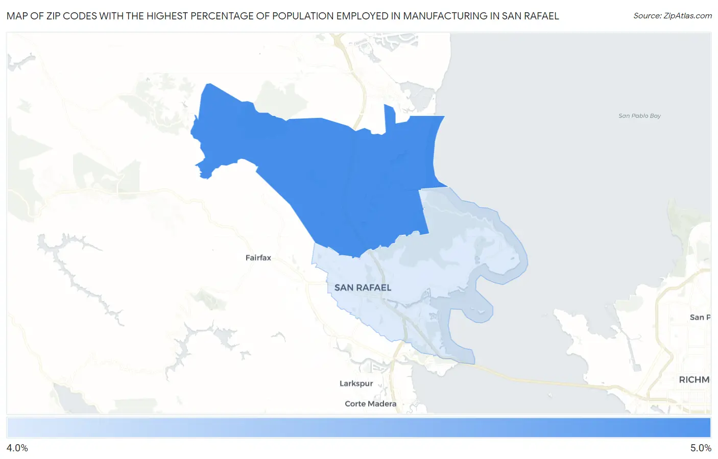 Zip Codes with the Highest Percentage of Population Employed in Manufacturing in San Rafael Map