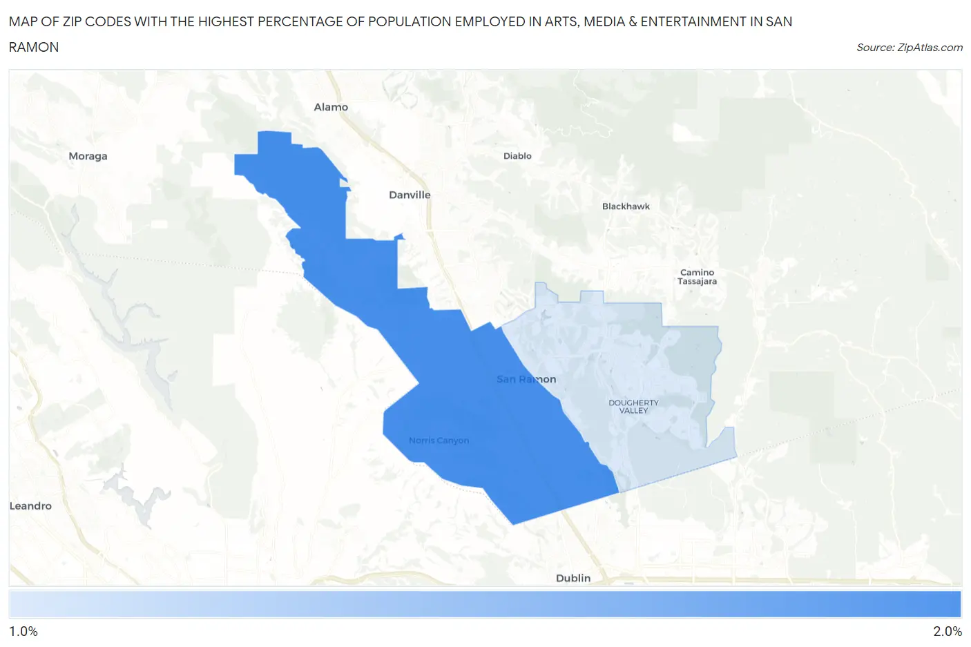 Zip Codes with the Highest Percentage of Population Employed in Arts, Media & Entertainment in San Ramon Map