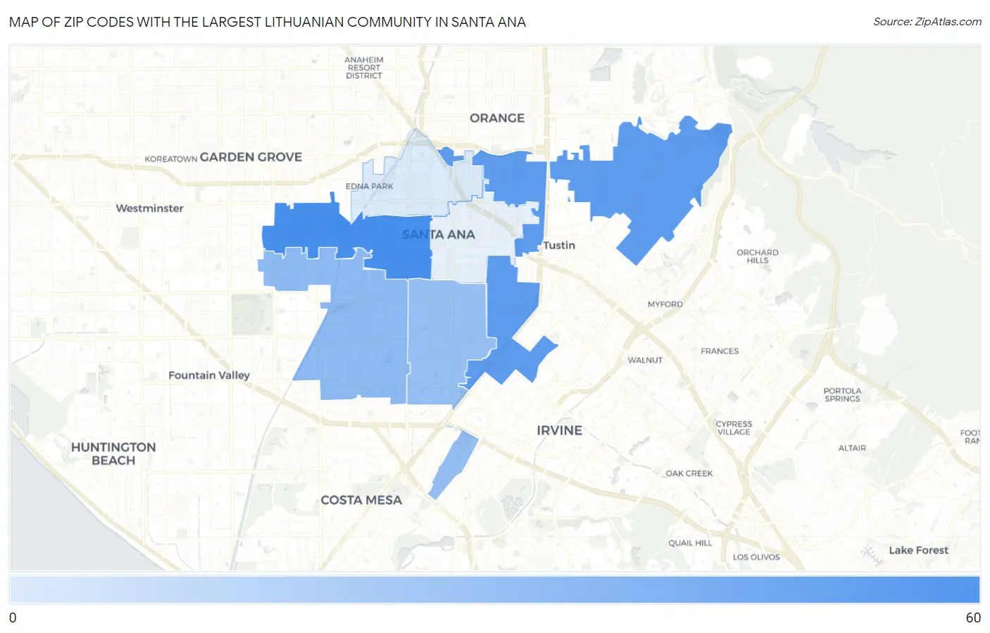 Zip Codes with the Largest Lithuanian Community in Santa Ana Map