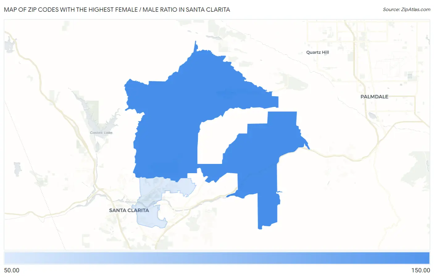 Zip Codes with the Highest Female / Male Ratio in Santa Clarita Map