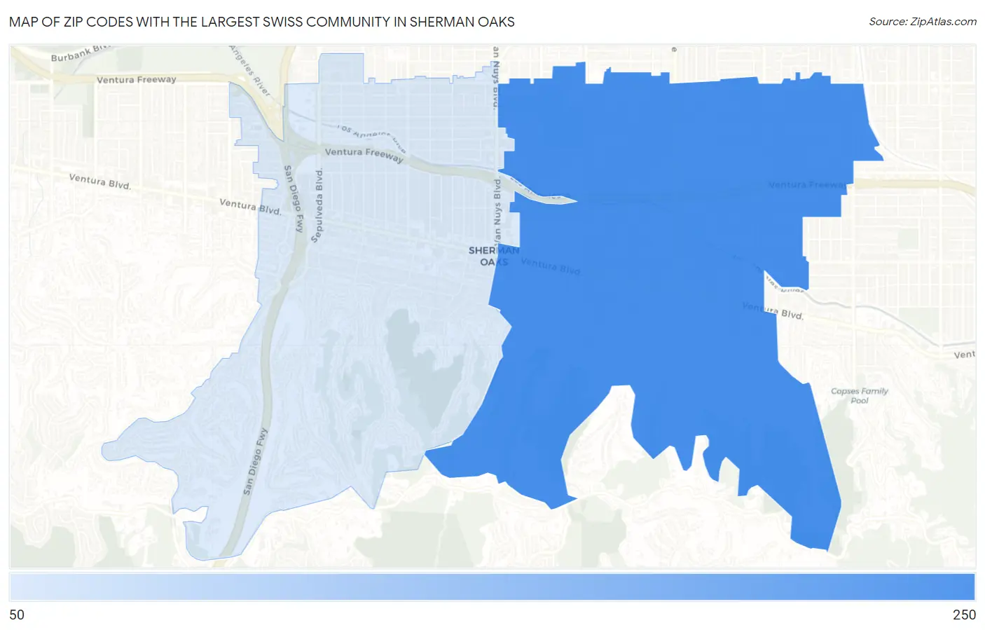 Zip Codes with the Largest Swiss Community in Sherman Oaks Map