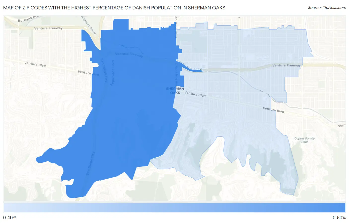 Zip Codes with the Highest Percentage of Danish Population in Sherman Oaks Map