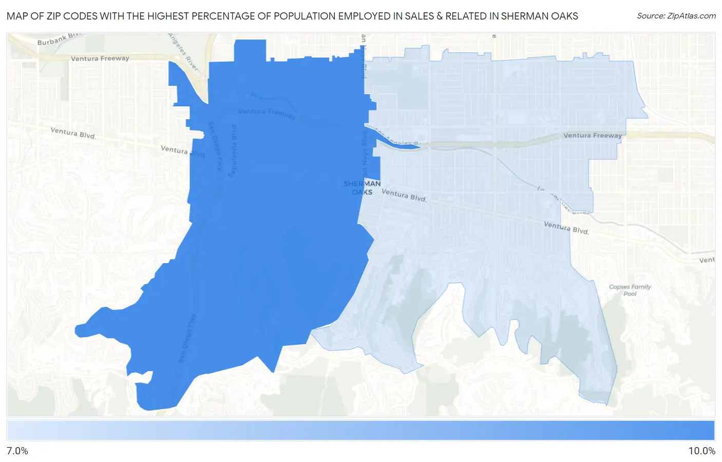 Zip Codes with the Highest Percentage of Population Employed in Sales & Related in Sherman Oaks Map