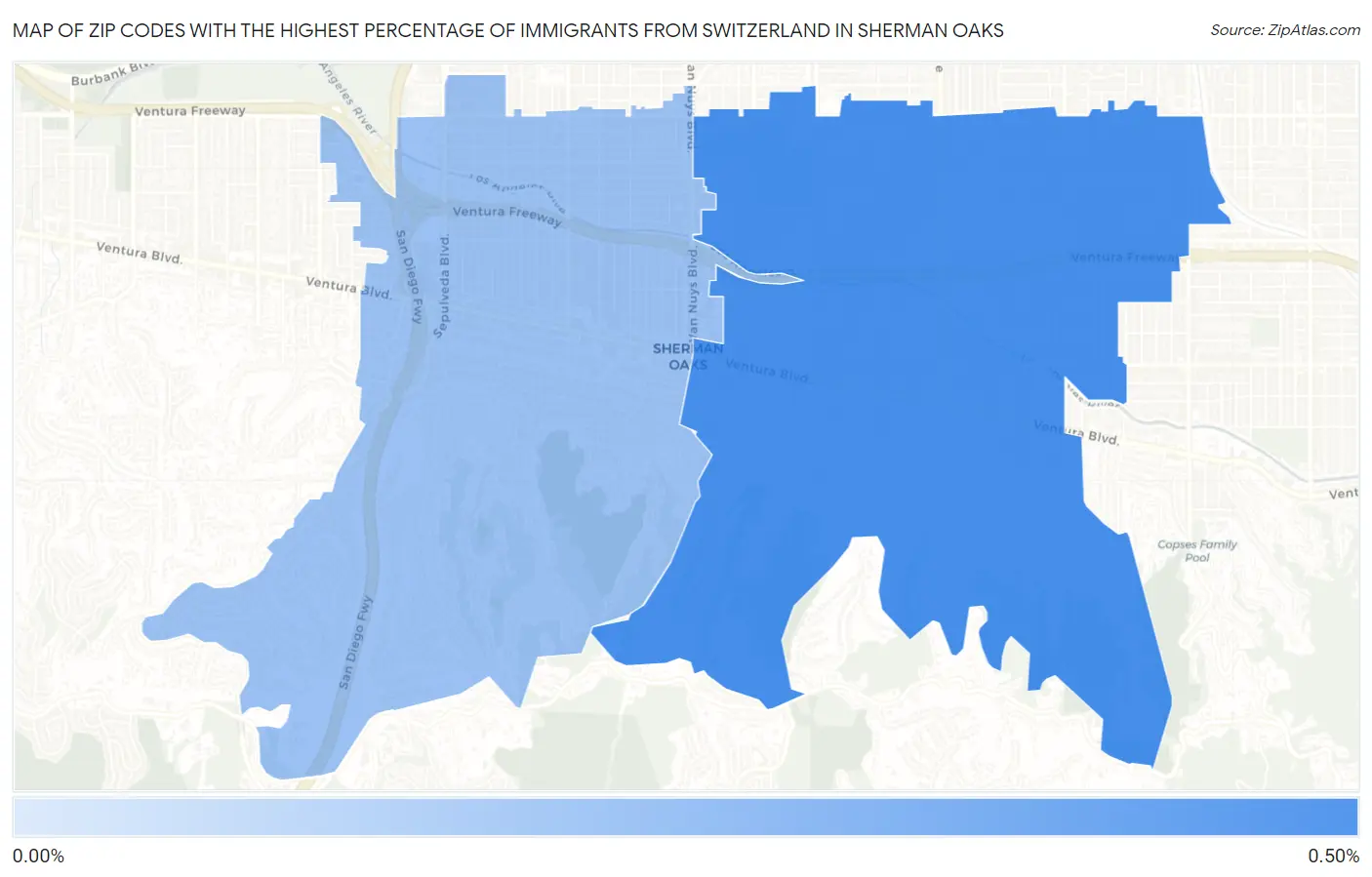 Zip Codes with the Highest Percentage of Immigrants from Switzerland in Sherman Oaks Map