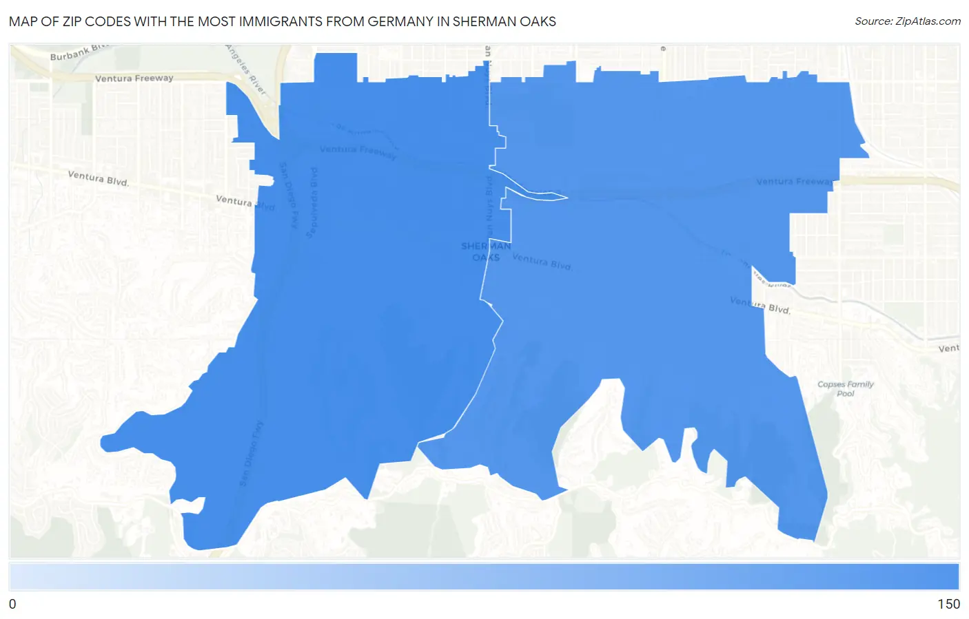 Zip Codes with the Most Immigrants from Germany in Sherman Oaks Map