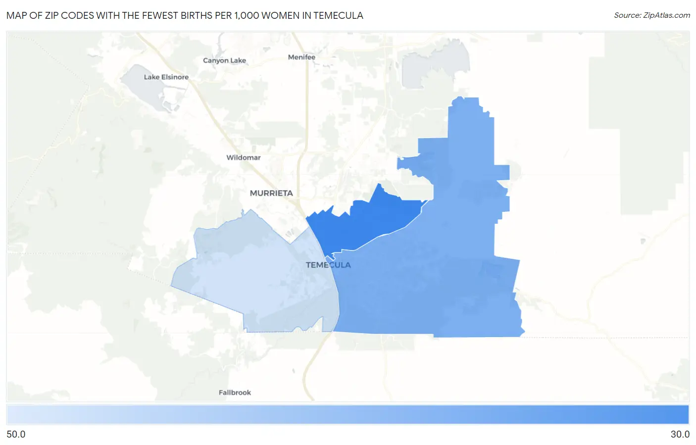 Zip Codes with the Fewest Births per 1,000 Women in Temecula Map