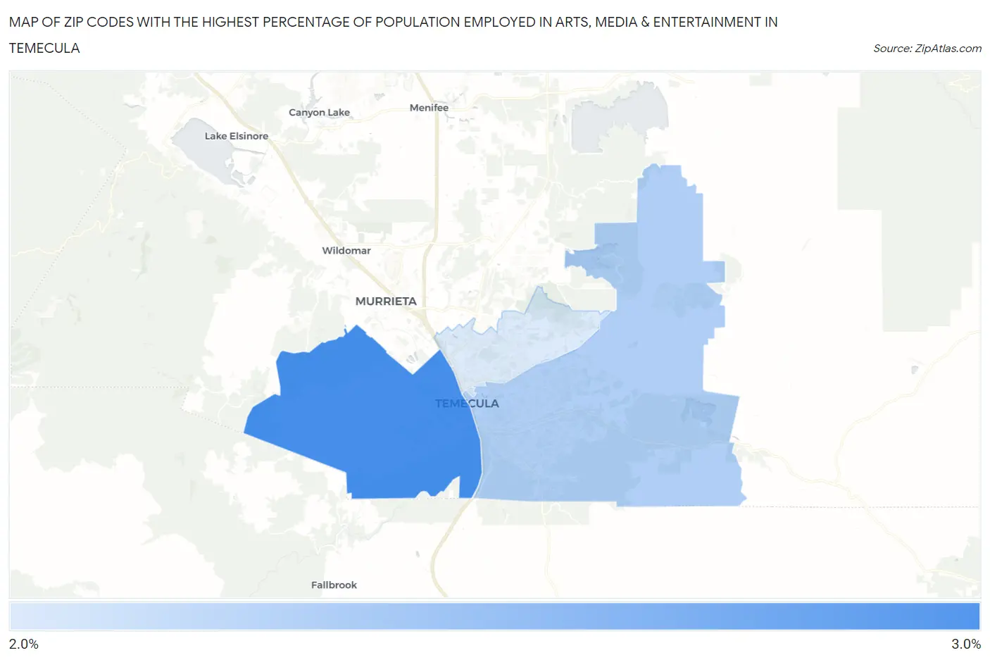 Zip Codes with the Highest Percentage of Population Employed in Arts, Media & Entertainment in Temecula Map