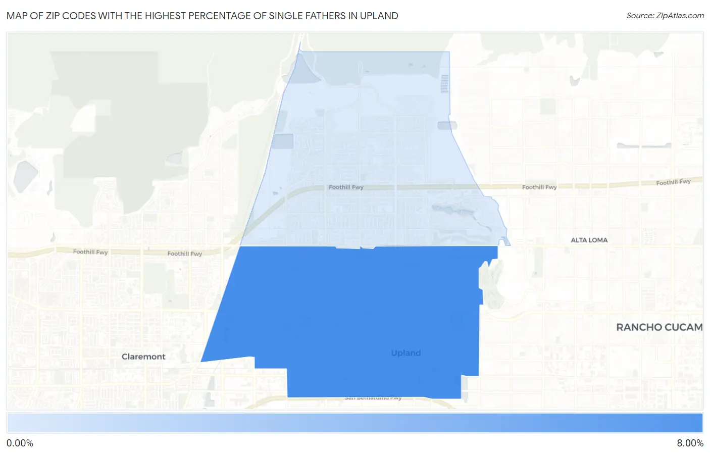 Zip Codes with the Highest Percentage of Single Fathers in Upland Map