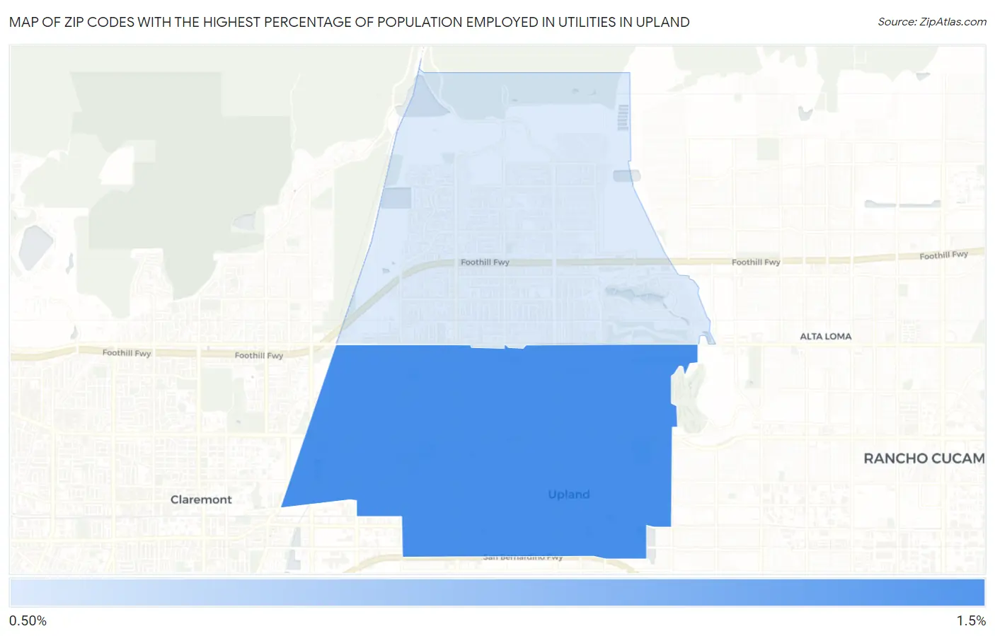 Zip Codes with the Highest Percentage of Population Employed in Utilities in Upland Map