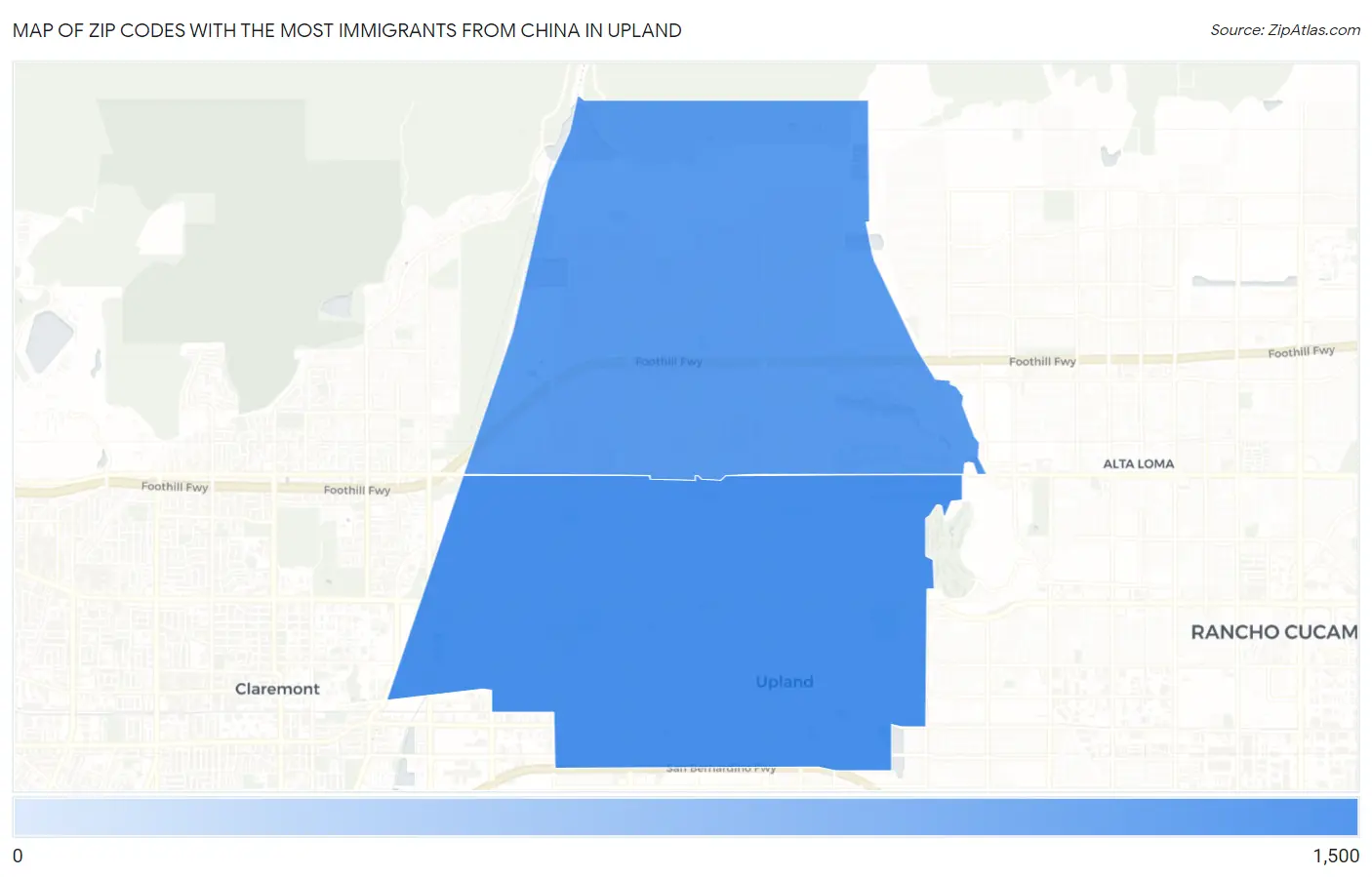 Zip Codes with the Most Immigrants from China in Upland Map