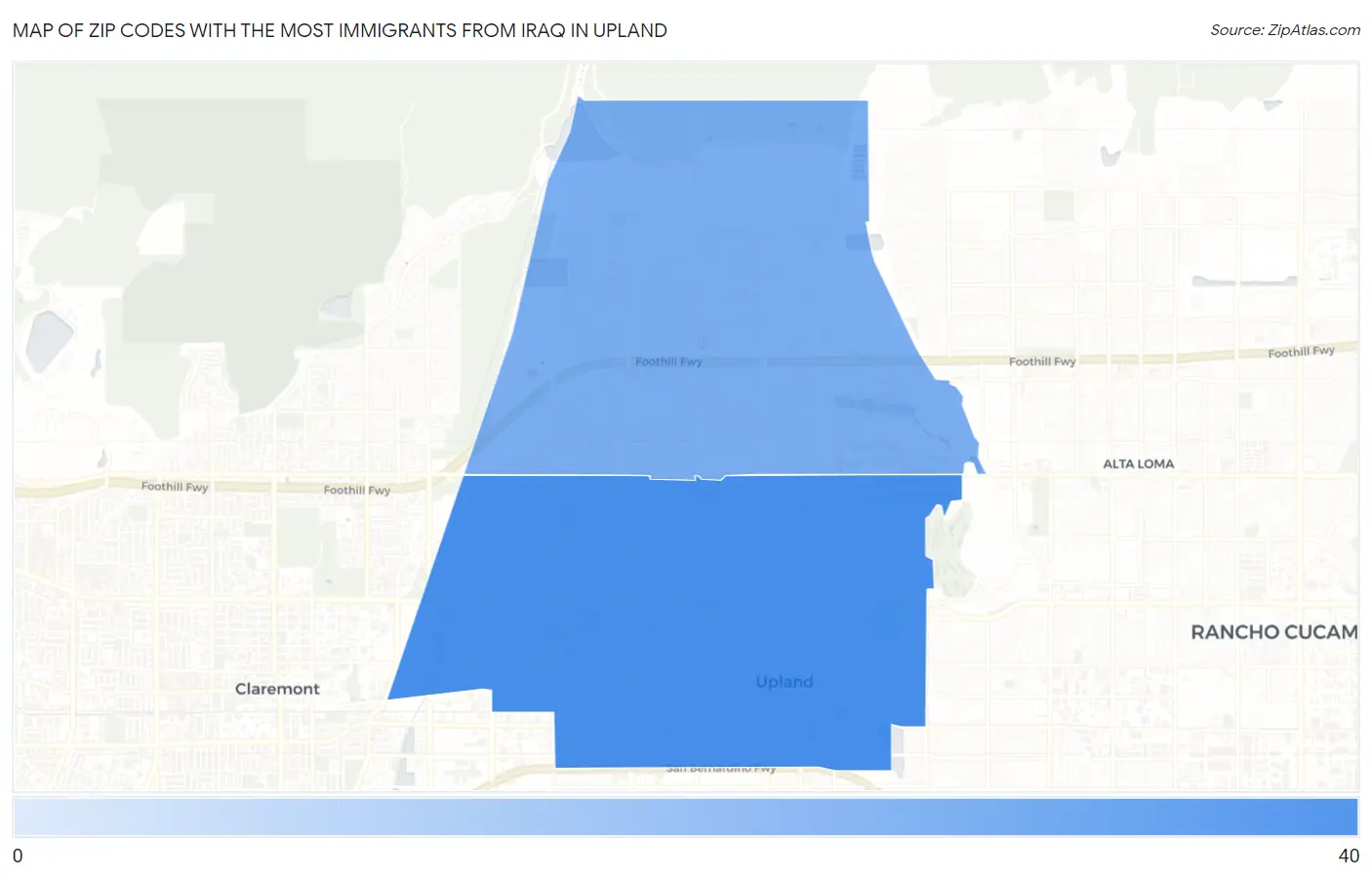 Zip Codes with the Most Immigrants from Iraq in Upland Map