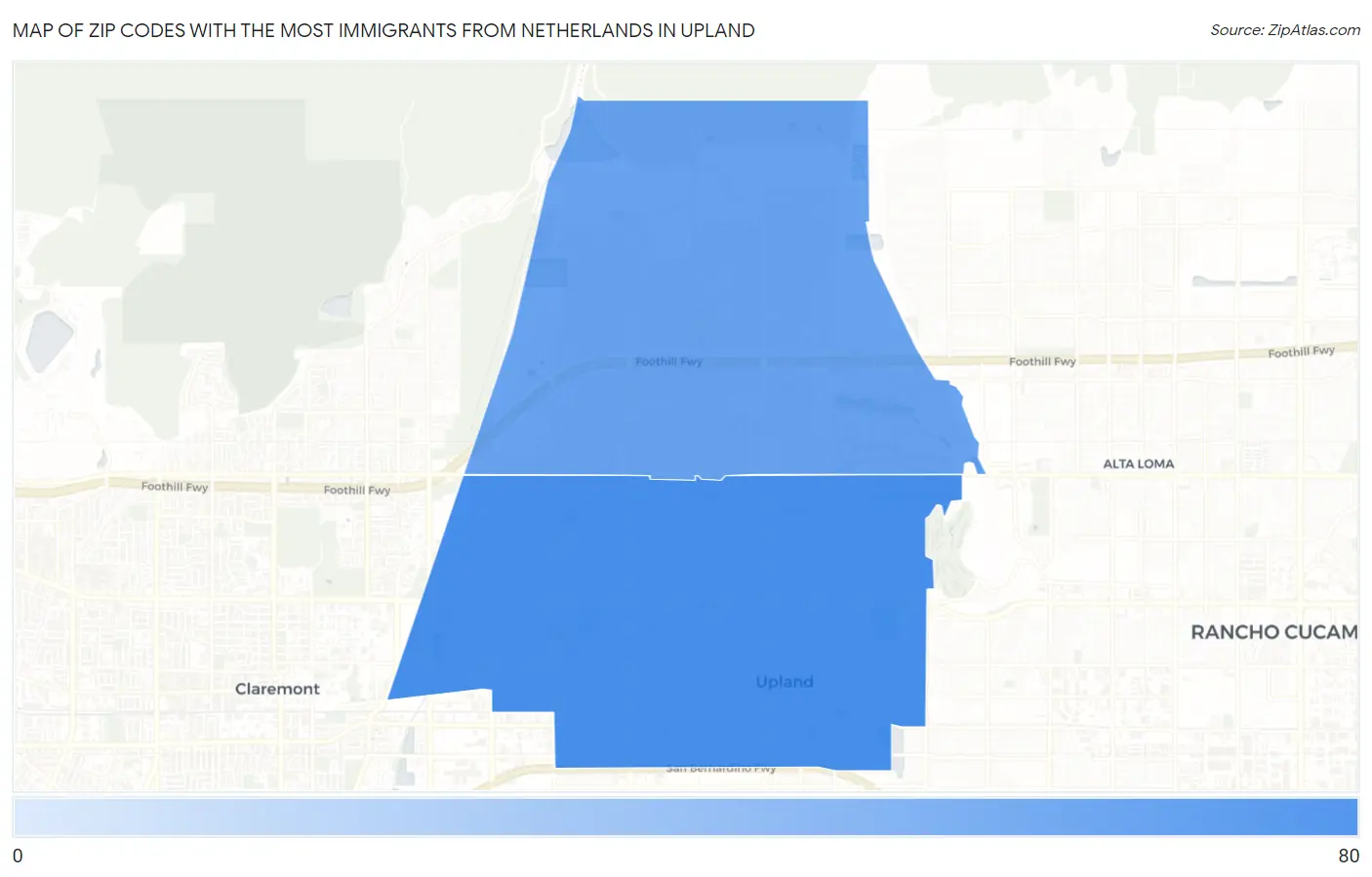 Zip Codes with the Most Immigrants from Netherlands in Upland Map