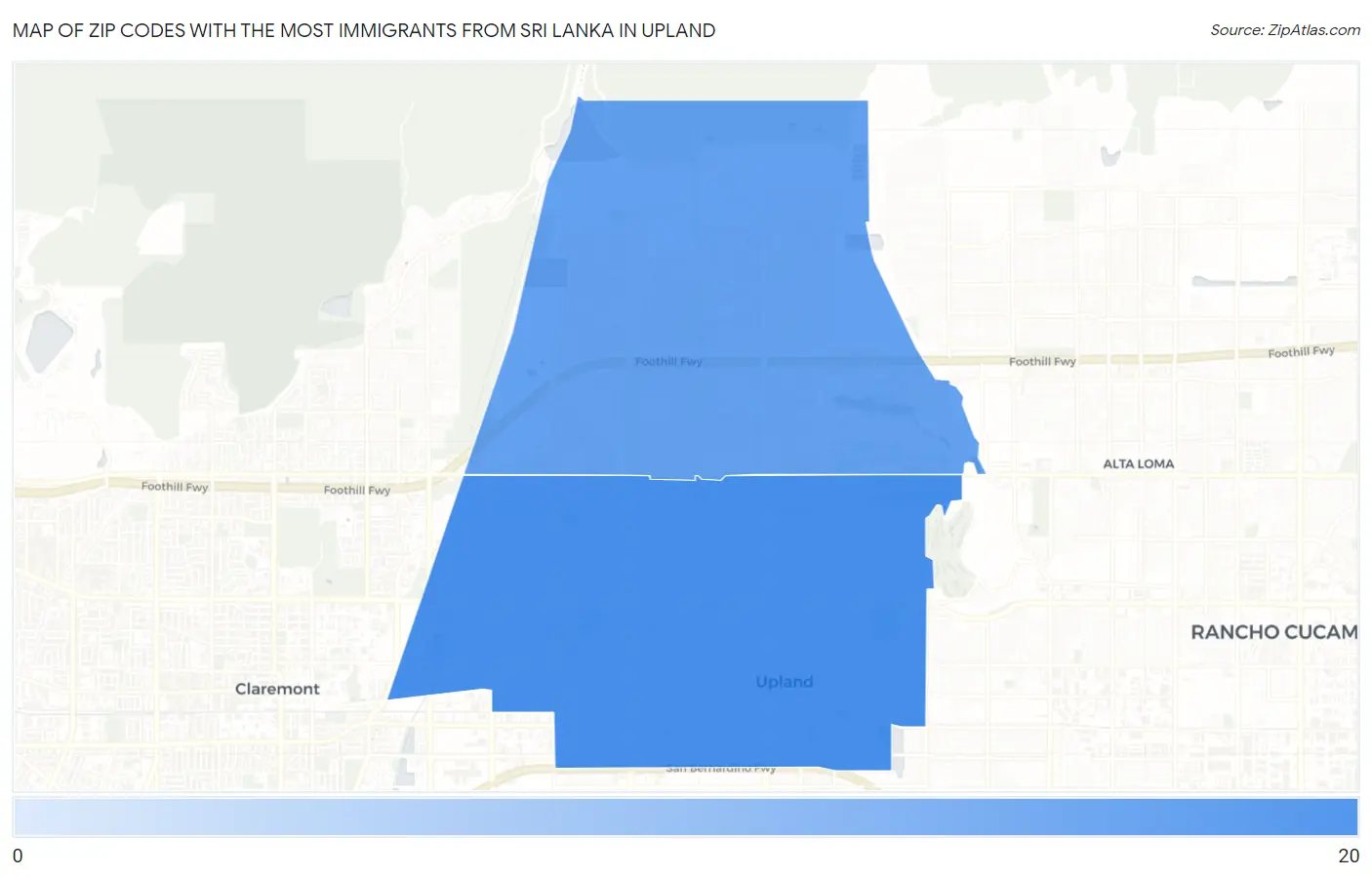 Zip Codes with the Most Immigrants from Sri Lanka in Upland Map