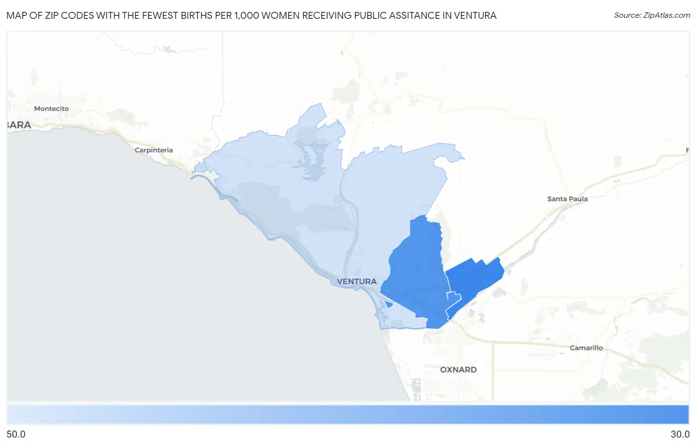 Zip Codes with the Fewest Births per 1,000 Women Receiving Public Assitance in Ventura Map