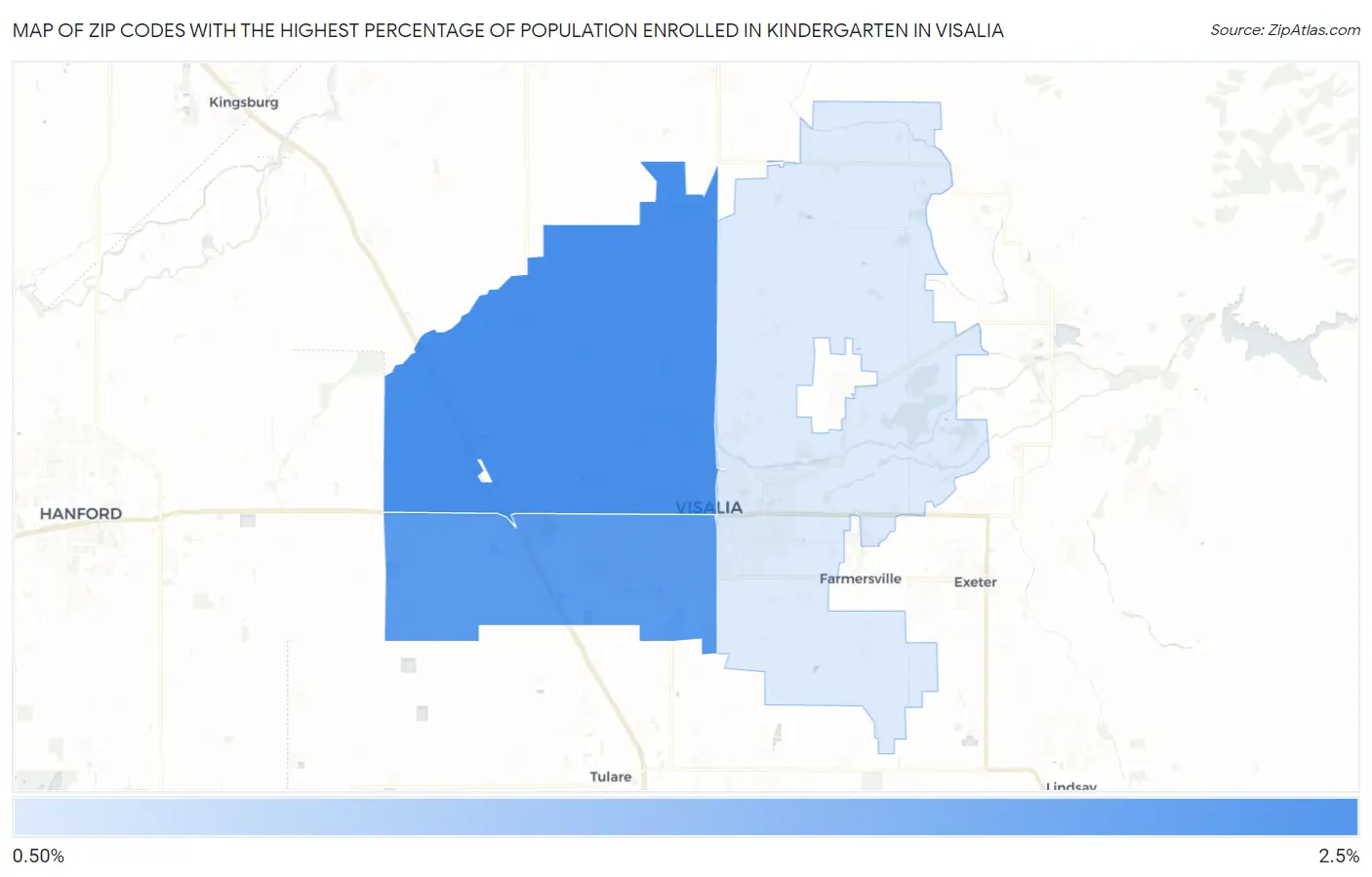 Zip Codes with the Highest Percentage of Population Enrolled in Kindergarten in Visalia Map