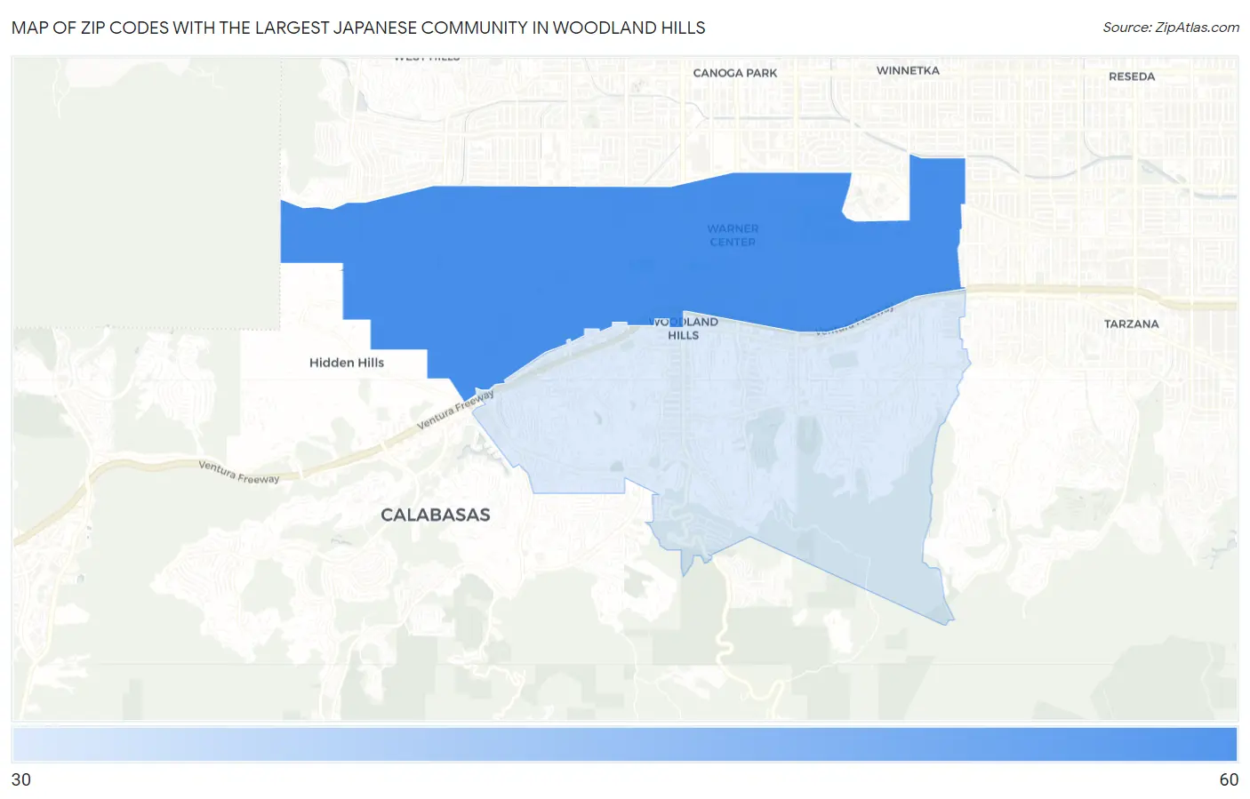 Zip Codes with the Largest Japanese Community in Woodland Hills Map