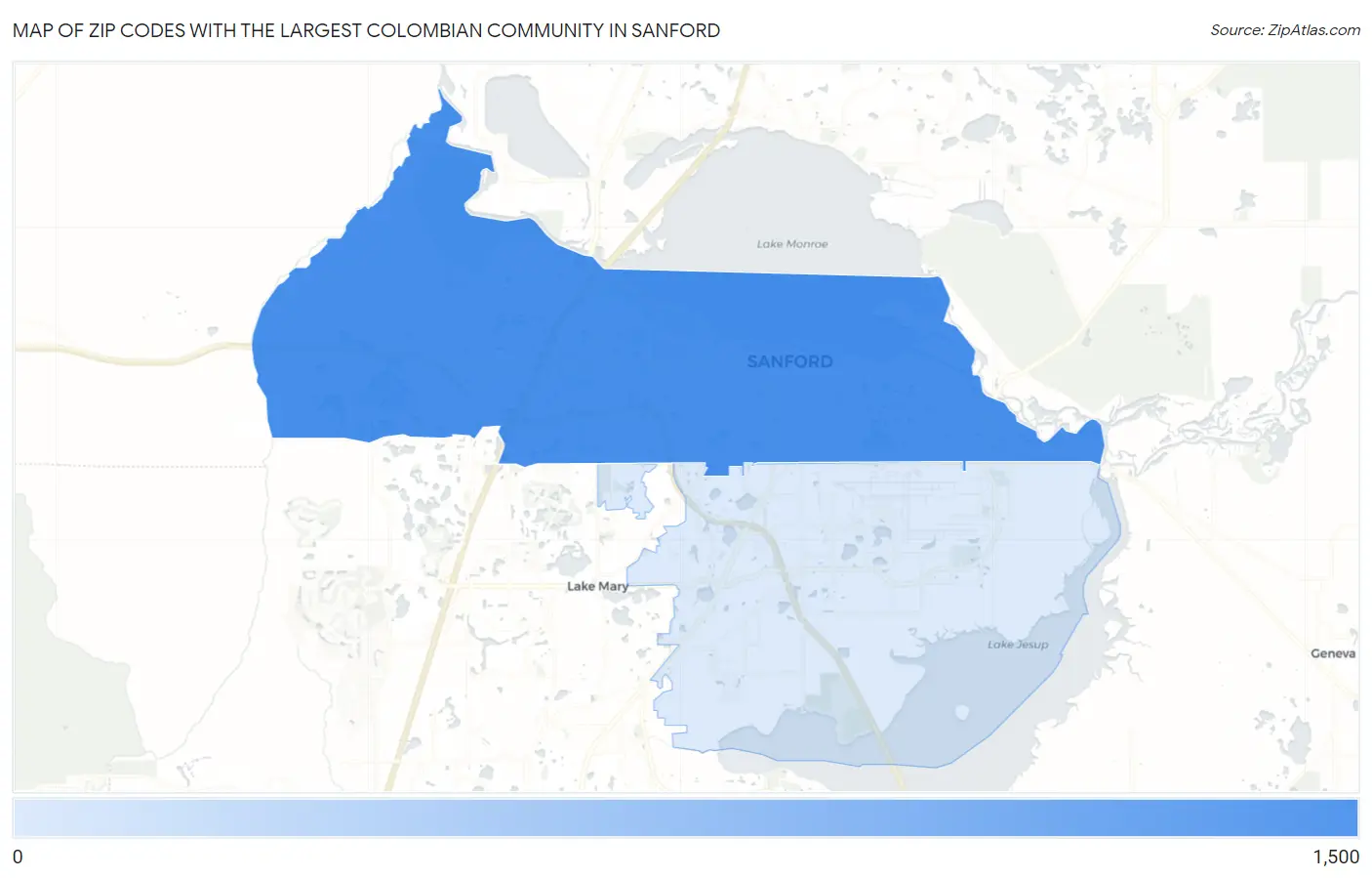 Zip Codes with the Largest Colombian Community in Sanford Map