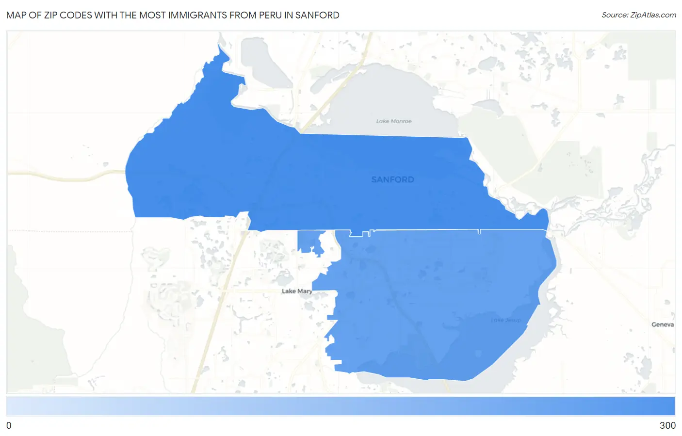 Zip Codes with the Most Immigrants from Peru in Sanford Map