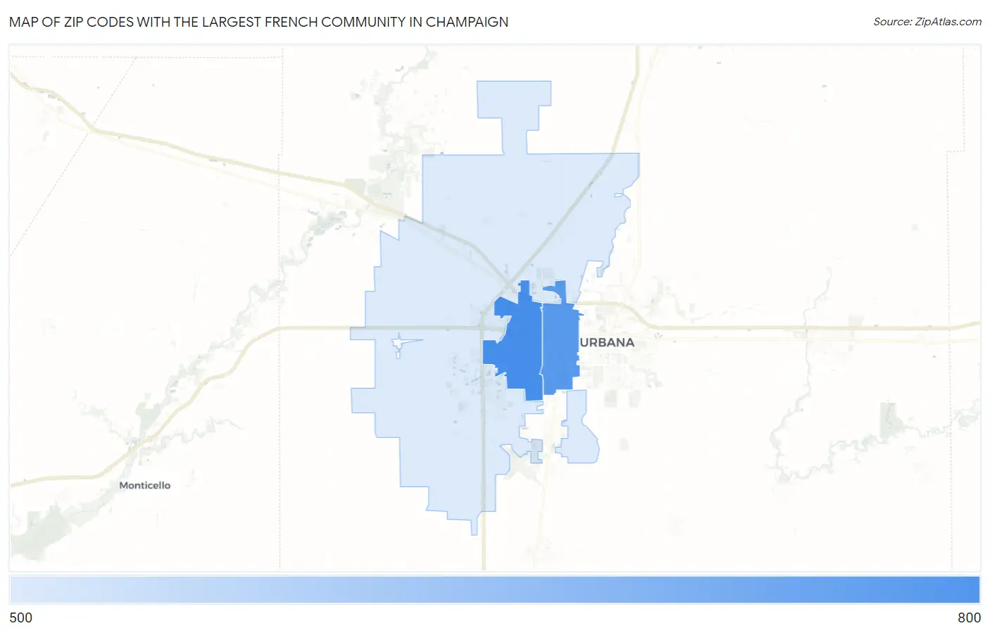 Zip Codes with the Largest French Community in Champaign Map