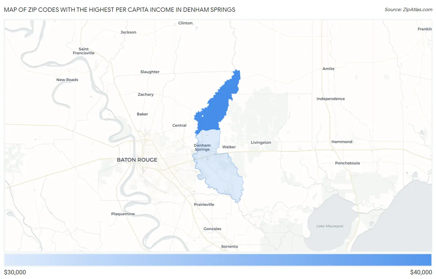 Zip Codes with the Highest Per Capita Income in Denham Springs Map