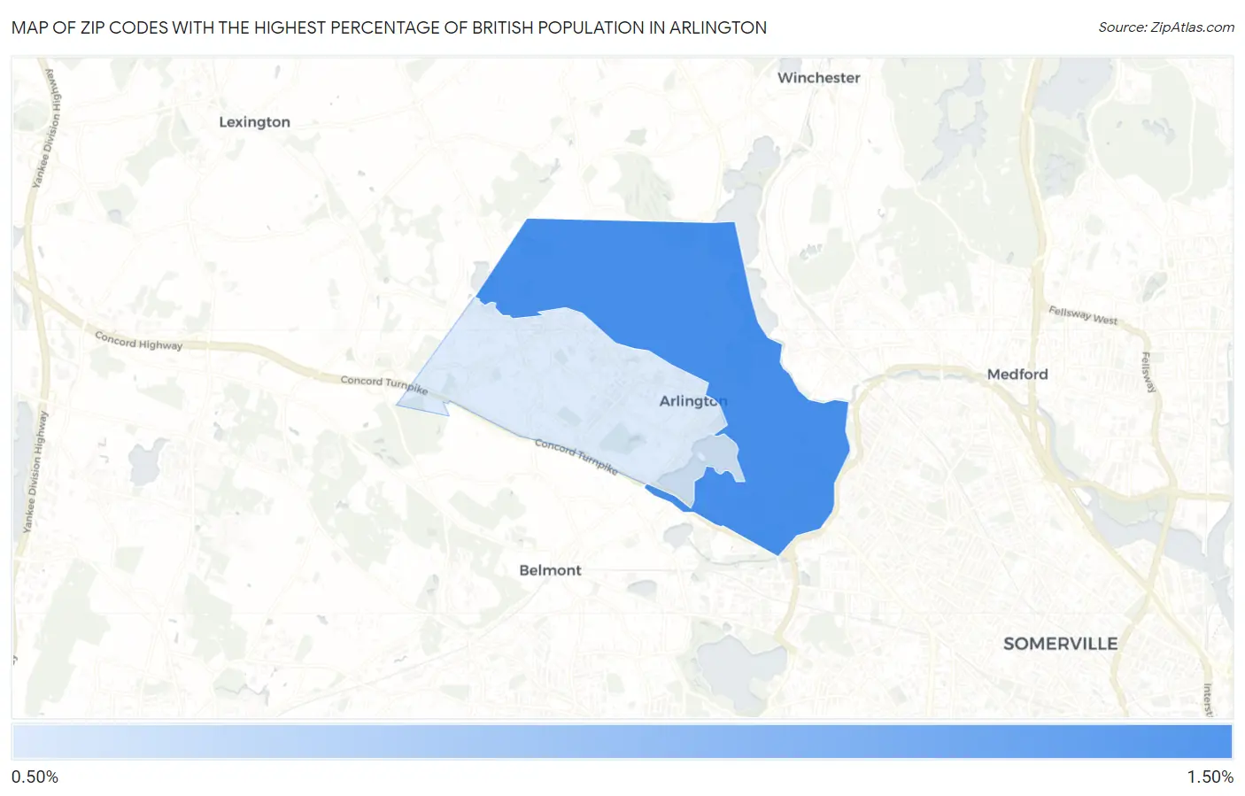 Zip Codes with the Highest Percentage of British Population in Arlington Map