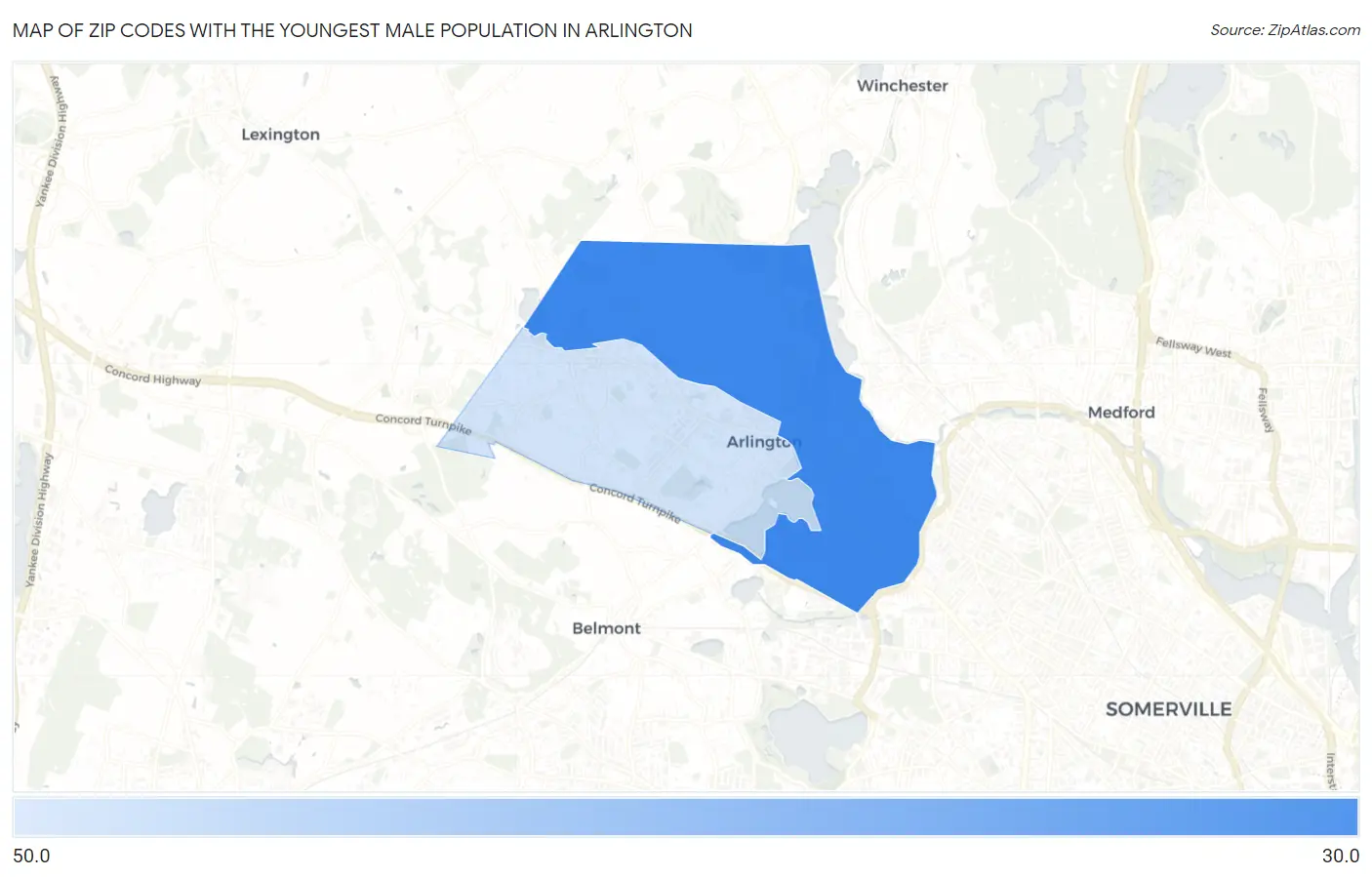 Zip Codes with the Youngest Male Population in Arlington Map