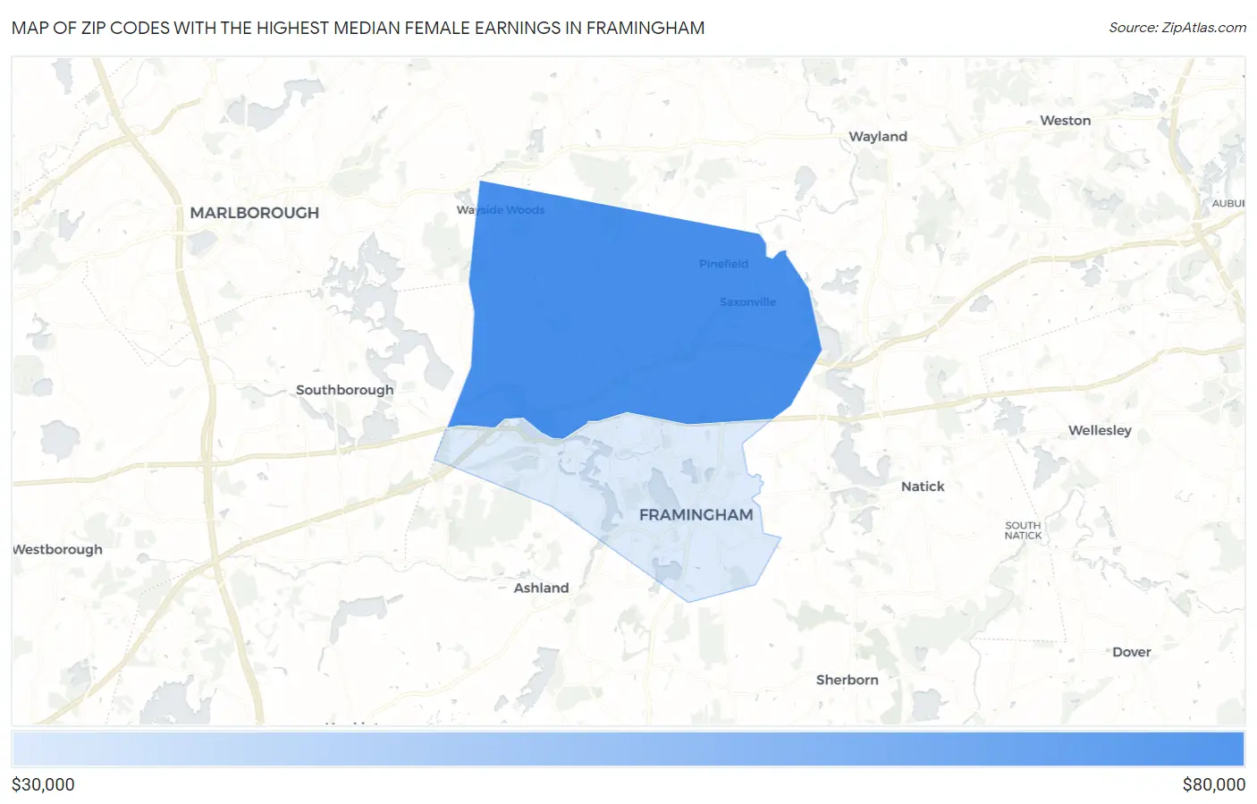 Zip Codes with the Highest Median Female Earnings in Framingham Map