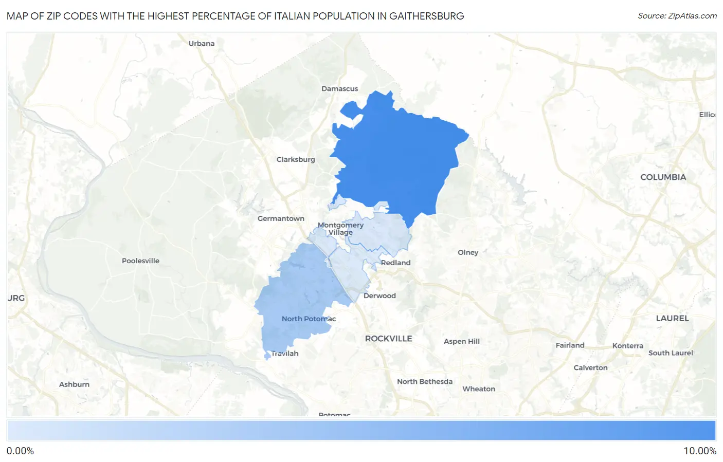 Zip Codes with the Highest Percentage of Italian Population in Gaithersburg Map