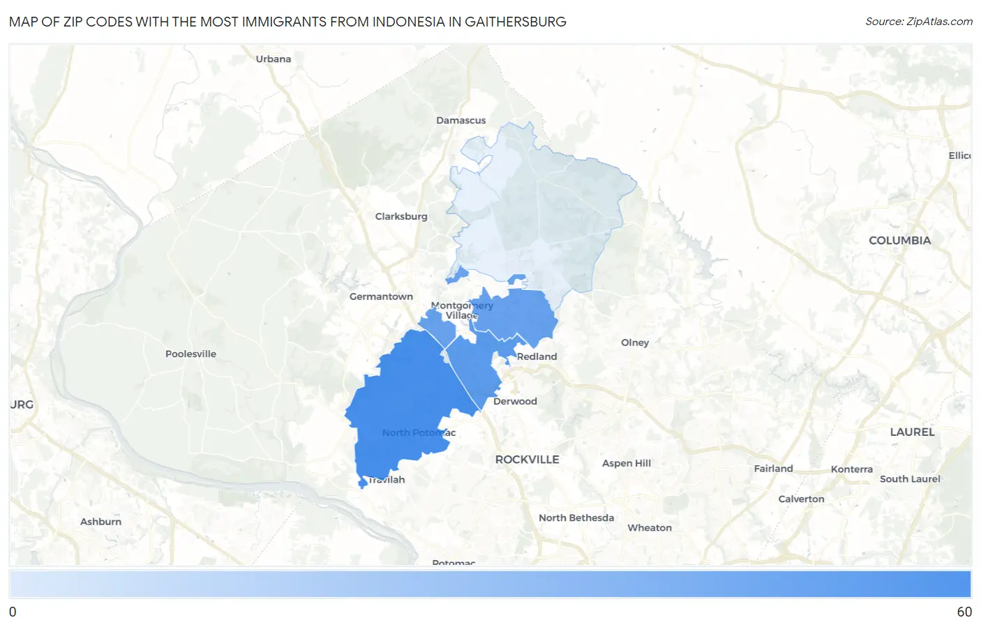 Zip Codes with the Most Immigrants from Indonesia in Gaithersburg Map