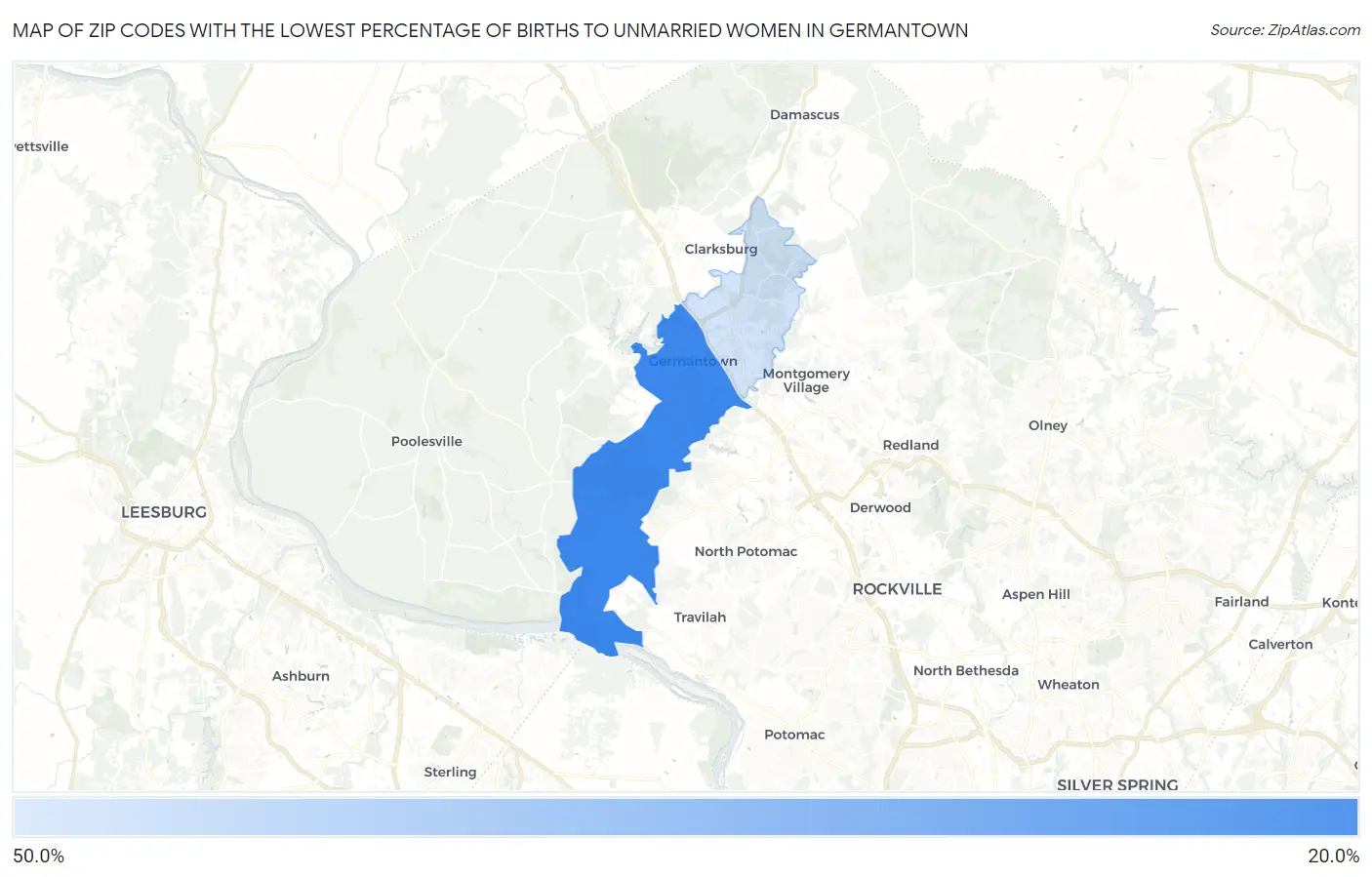 Zip Codes with the Lowest Percentage of Births to Unmarried Women in Germantown Map