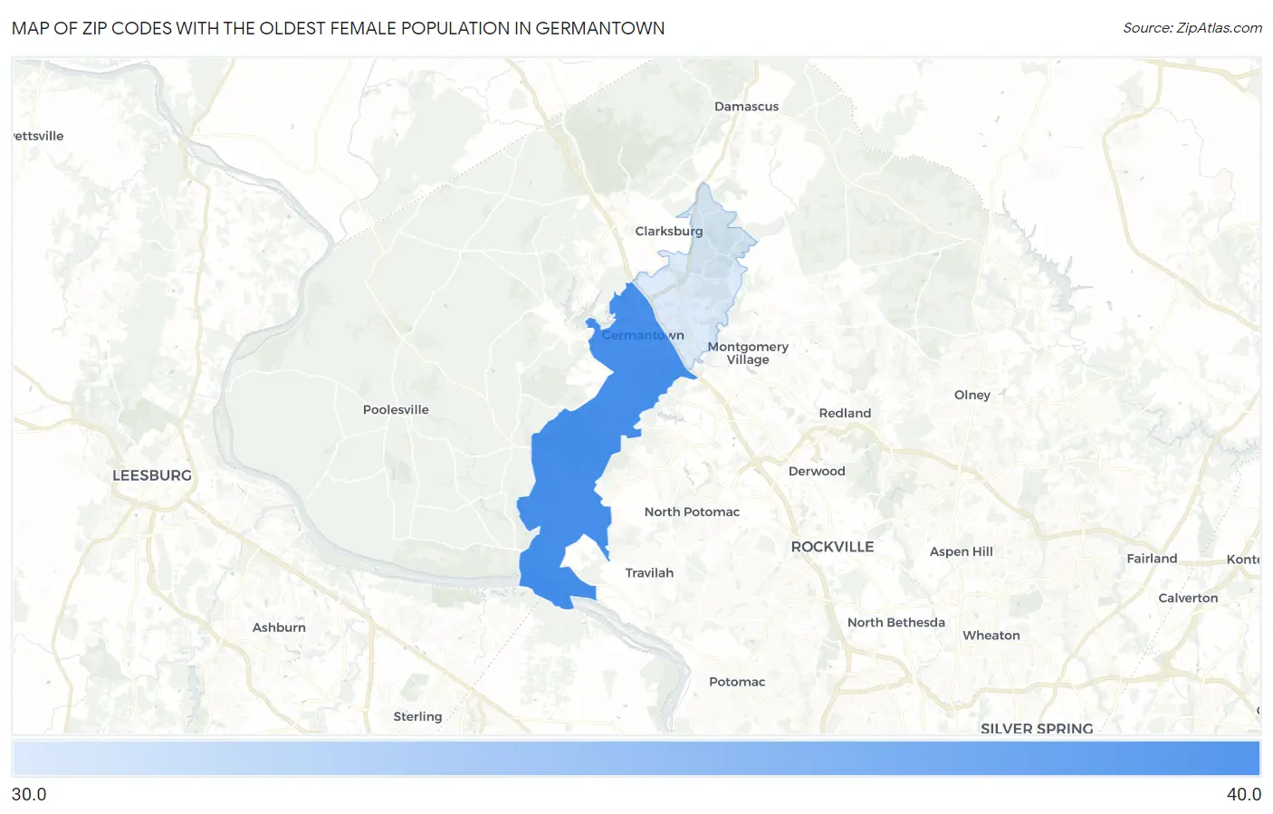 Zip Codes with the Oldest Female Population in Germantown Map