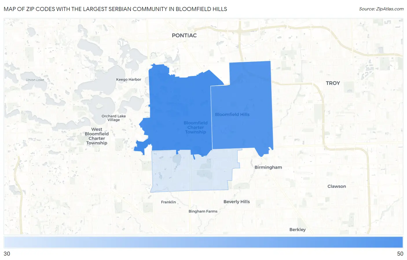 Zip Codes with the Largest Serbian Community in Bloomfield Hills Map