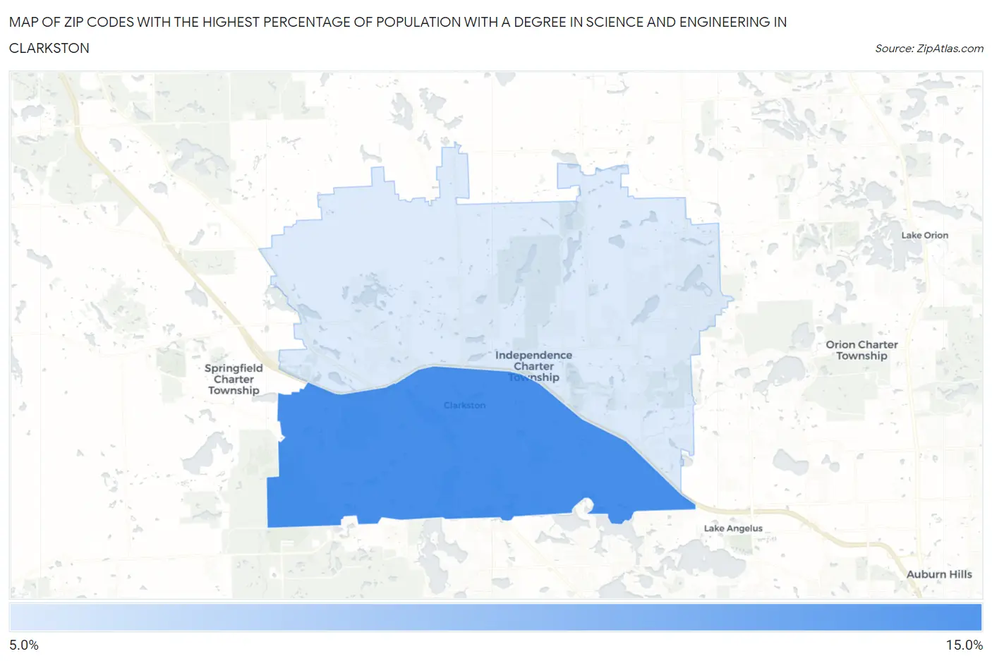 Zip Codes with the Highest Percentage of Population with a Degree in Science and Engineering in Clarkston Map