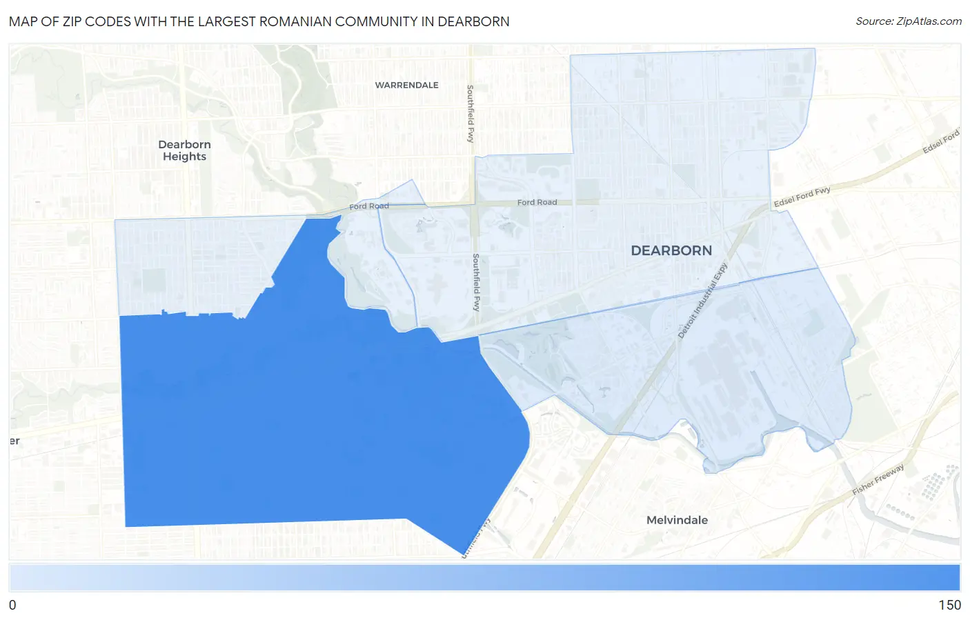 Zip Codes with the Largest Romanian Community in Dearborn Map