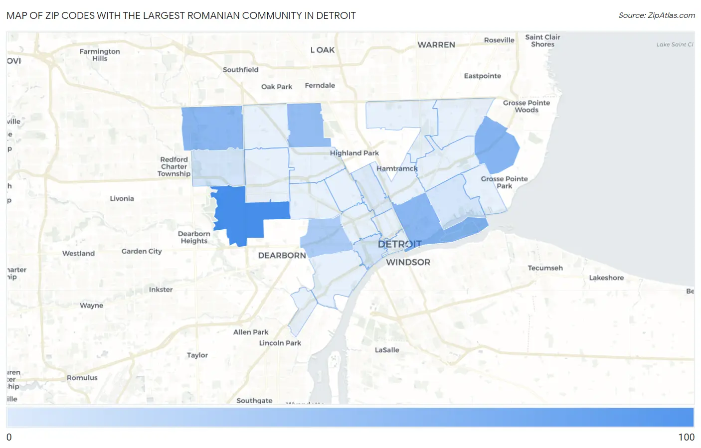 Zip Codes with the Largest Romanian Community in Detroit Map