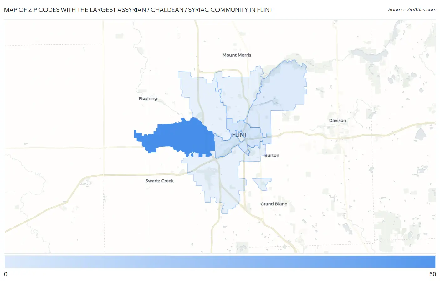 Zip Codes with the Largest Assyrian / Chaldean / Syriac Community in Flint Map