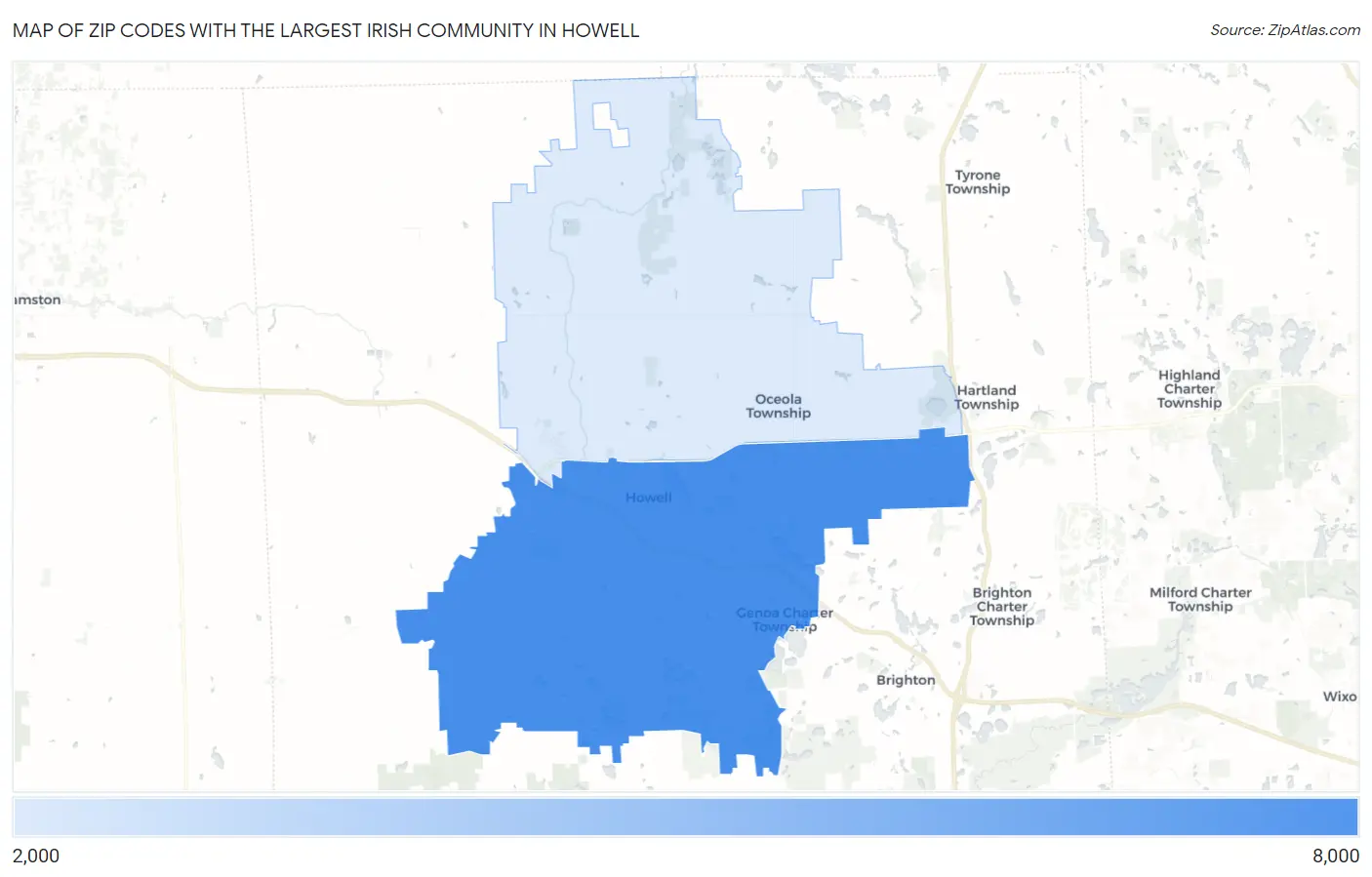 Zip Codes with the Largest Irish Community in Howell Map