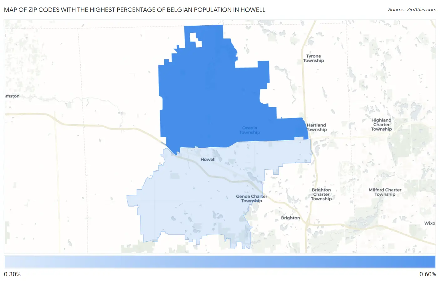 Zip Codes with the Highest Percentage of Belgian Population in Howell Map