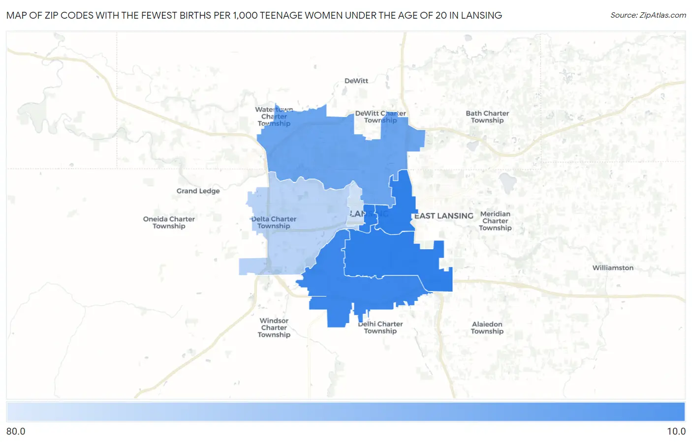 Zip Codes with the Fewest Births per 1,000 Teenage Women Under the Age of 20 in Lansing Map