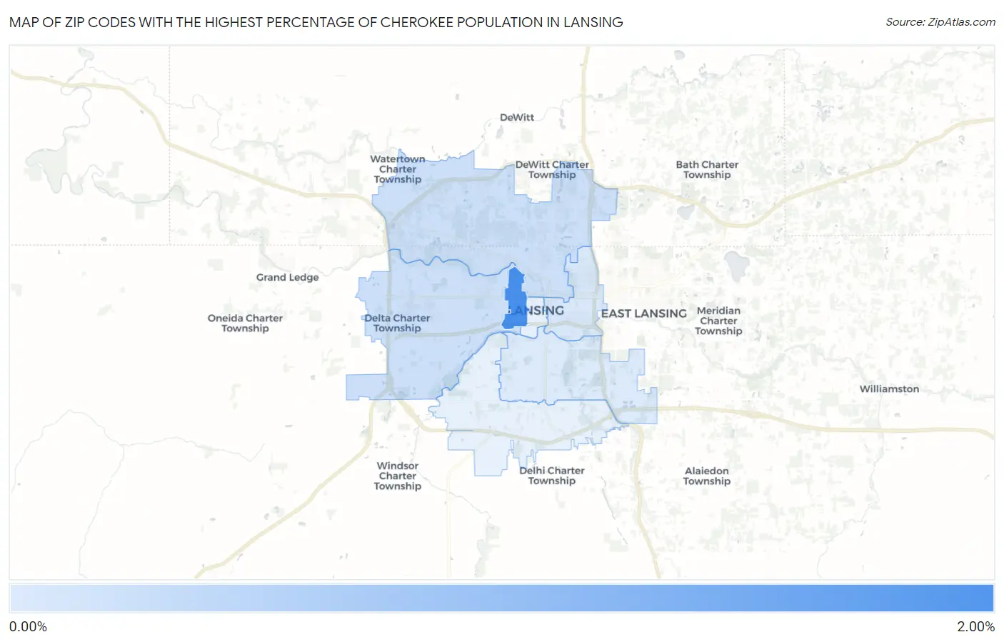 Zip Codes with the Highest Percentage of Cherokee Population in Lansing Map