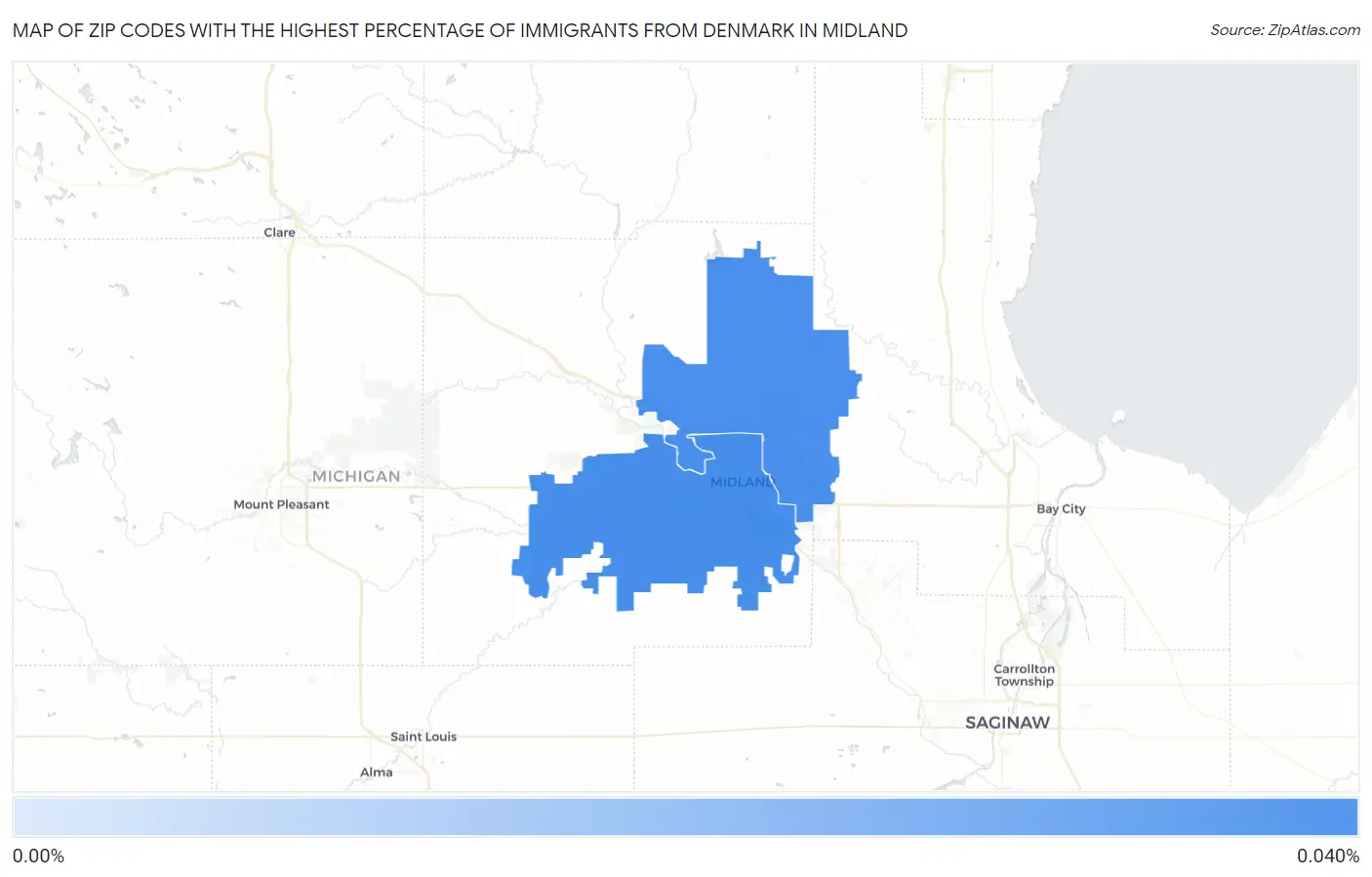 Zip Codes with the Highest Percentage of Immigrants from Denmark in Midland Map