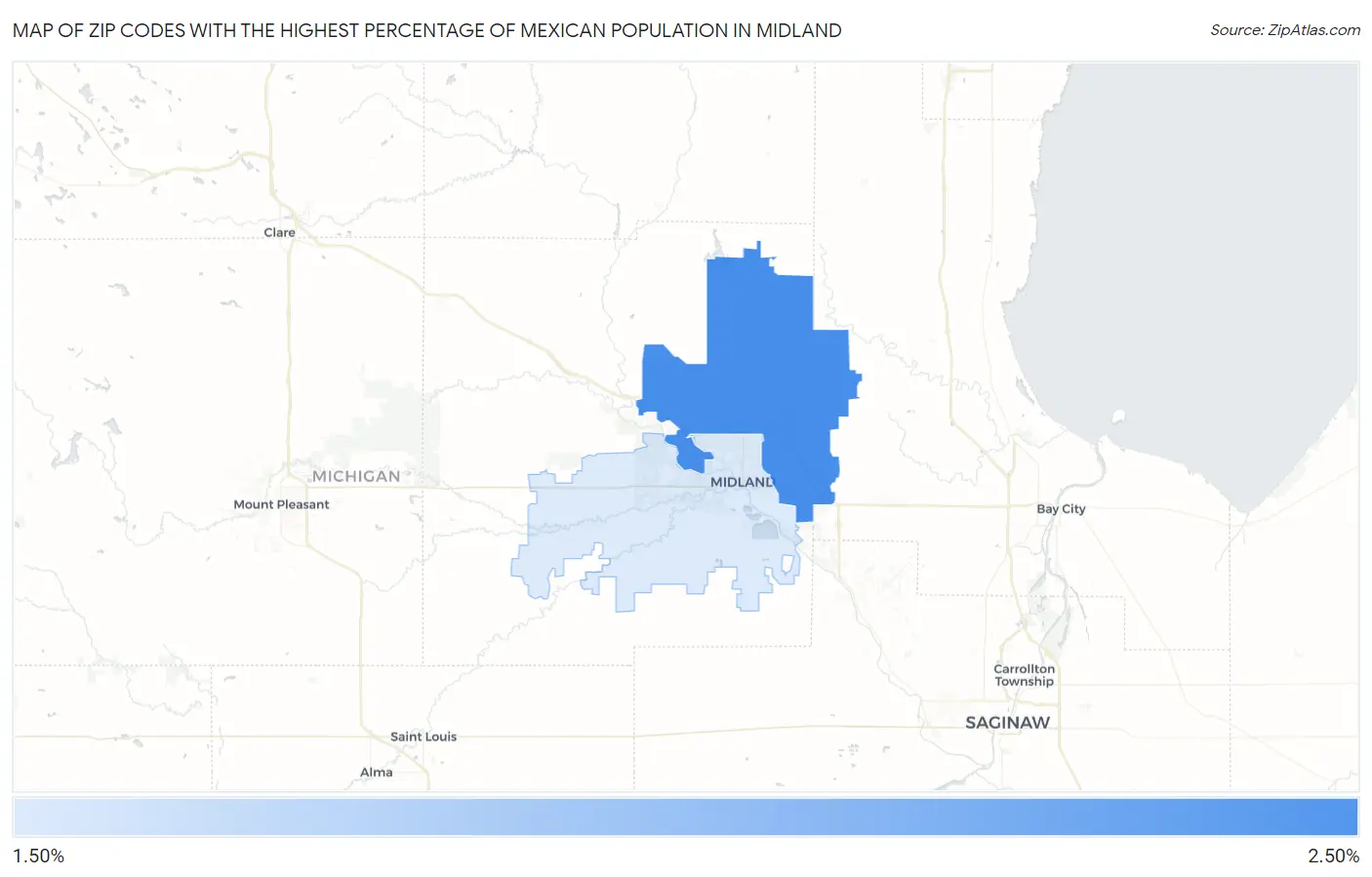 Zip Codes with the Highest Percentage of Mexican Population in Midland Map