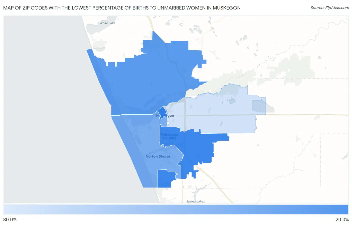 Zip Codes with the Lowest Percentage of Births to Unmarried Women in Muskegon Map