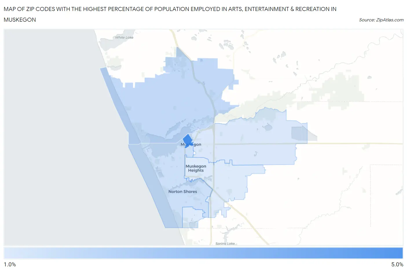 Zip Codes with the Highest Percentage of Population Employed in Arts, Entertainment & Recreation in Muskegon Map